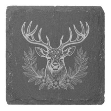 4 x 'Decorative Floral Stag Head' 10cm Square Slate Coasters (CR00231312)