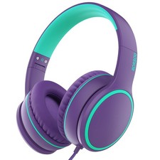Purple Over-Ear Headphones w/Mic: Foldable, Lightweight, Bass, 1.5M Cord