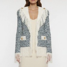 Balmain Blue Crystal Embellished Tweed Knit Fringed Jacket S