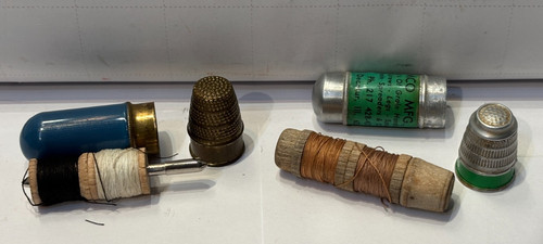 2 Vintage Thimble Sewing Needle Cases / Kits   Made of Enamel, Brass, Aluminum