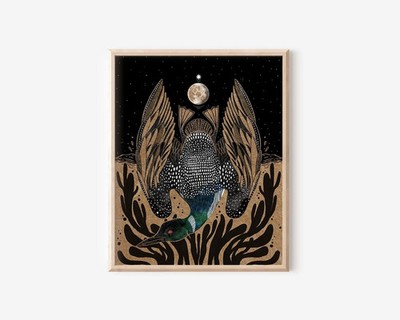 Loon and Full Moon Poster   Whimsical Bird Folk Art Wall Print Decor