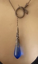 Lariat Necklace Egyptian Revival Coiled Snake Pendant Antique Blue Czech Glass