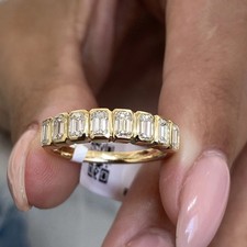 1.1Ct Emerald Cut Lab Grown Diamond Half Eternity Ring 14K Yellow Gold Bezel Set