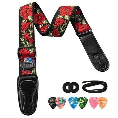 Gitarrengurt Lekato gewebt Elektro Akustikgitarre Bass 6 Plektren 2 Schlösser LGS-6