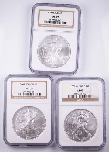 Certified 2006 2007 2008 Silver Eagle $1 NGC MS69 SAE Lot of 3 1oz