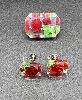Vintage Lucite Reverse Carved Red Rose Brooch & Earrings Set