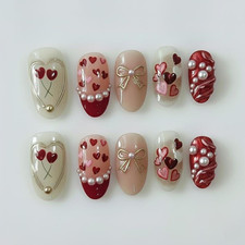 30Pcs Cute Valentine'S Press on Nails,Red Heart and Pearls Fake Nail Short Almon