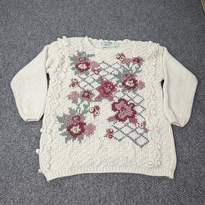 Vintage Emerald Isle Sweater Womens Large Cream Floral Hand Knit Ramie 80s Korea
