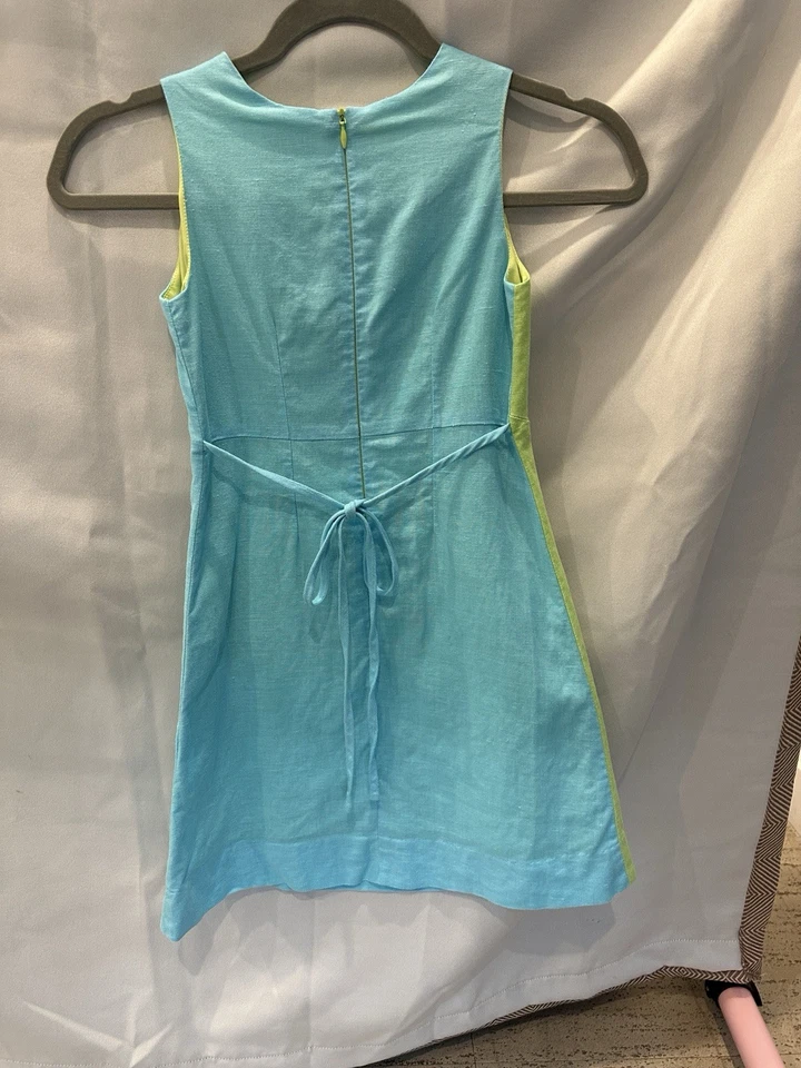 Vestido Florence Eiseman Niñas Algodón/Lino Aqua Y Verde Con Flores Talla 7 Foto 2 de 4