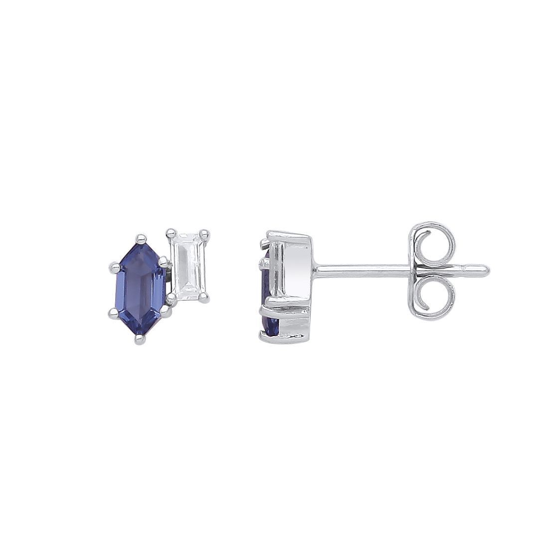 Silver Jewelco London Blue Hexagon CZ Offset Bypass Toi et Moi Stud Earrings