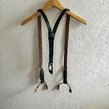 Vintage leather braided black Men's suspenders belted solid brass buckles