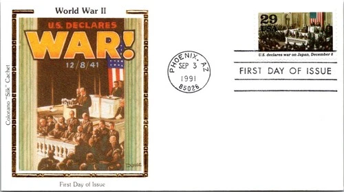 S08-0917, WWII 1941 50TH ANNIV., U.S. DELCARES WAR ON JAPAN, COLORANO SILK FDC