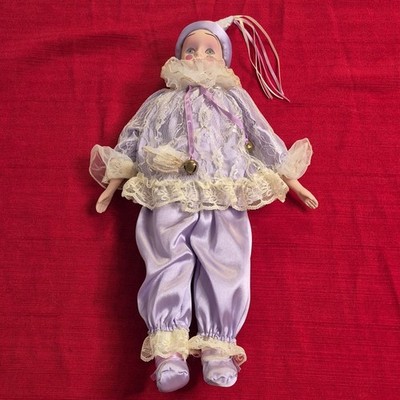 Harlequin Pierrot Porcelain Ballerina Clown Doll 19  Purple