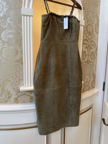 BNWT Karen Millen Real Suede Leather Dress Olive Green 6 XS Whipstitch Bandeau - Picture 5 of 12