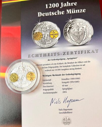 1200 Jahre Deutsche Münze Agrippiner Silber Gold Medaille 999 limitiert  - Afbeelding 1 van 2