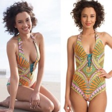 Trina Turk Capri Sherbet Orange Halter Lace Up One Piece Swimsuit Sz 8