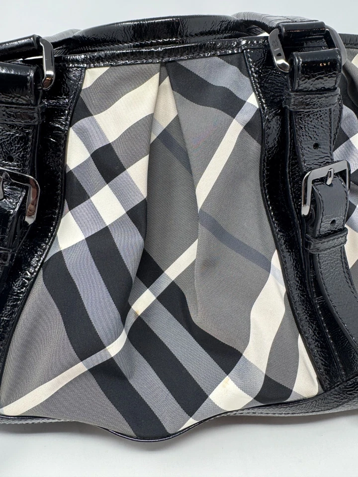 Vintage Burberry Black & Gray Plaid Beat Large Satchel Tote Bag Patent Handles - Image 2 of 4
