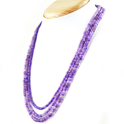 225,00 KT NATÜRLICHER REICHER LILA AMETHYST 3 STRÄNGE RUNDE FACETTIERTE PERLEN HALSKETTE