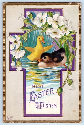 Signed Art Postcard Easter Holy Cross Little Duck Chick And White Flowers c1910s