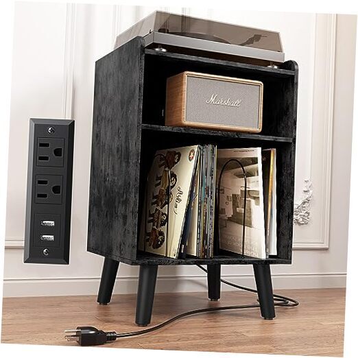 Mid-Century Modern Turntable Stand with Vinyl Storage & USB Charging in Matte Black-image