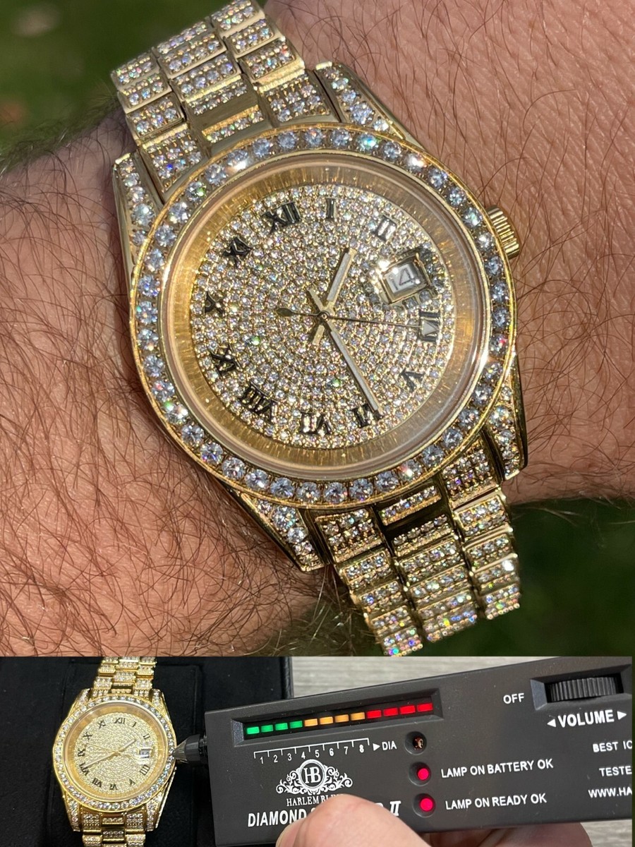 15ct MOISSANITE Gold Mens Presidential Watch Iced Hip Hop Out Pass