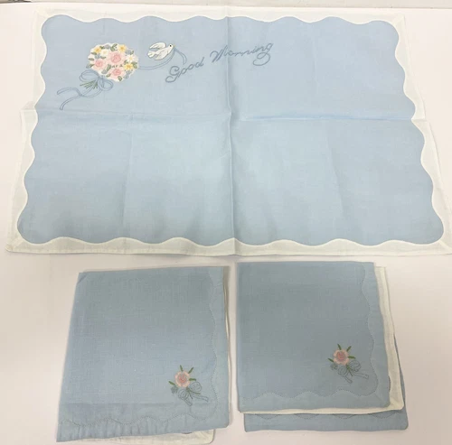 Vintage Madeira Embroidery Good Morning 3 Piece Breakfast Set in Blue