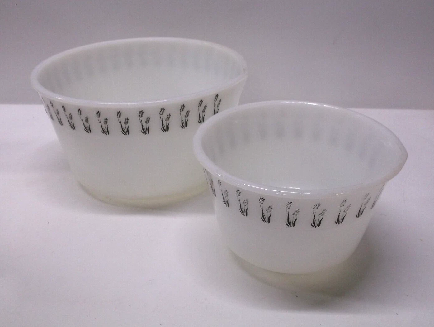 2 Vintage Glasbake Mixer Mixing Bowls / Spout White Black Wheat Design