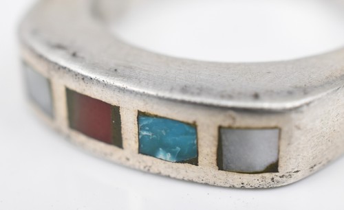 Sterling Inlaid Heavy Band Mother of Pearl, Turquoise, Oxblood Coral Ring Size 7 - Picture 8 of 10