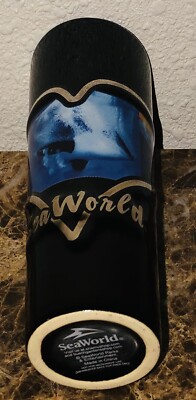 Vintage SEA WORLD Tall Shot Glass Embossed 3-D Whales 4.5  Black Ceramic Glass