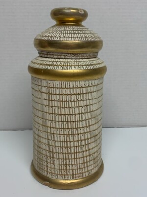 Vintage Bitossi Marked Pottery Lidded Gold Ridged Round Decorative Canister/Jar