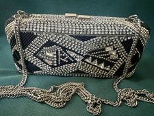 STUNNING BLACK BEAD AND CRYSTAL RHINESTONES PRE OWNED EVENING BAG PURSE DECO