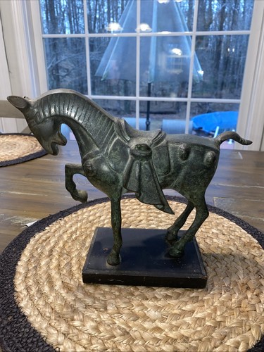 Vintage Chinese Asian Bronze Horse Tang Dynasty Style on Wooden Base