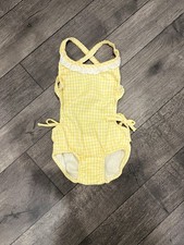 Vintage Infant Girls Gingham Swimsuit 6 Mos 1970s Open Back Yellow White Checked