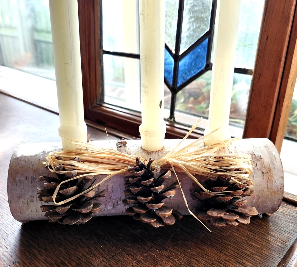 Rustic Birch Log Winter Centerpiece with Pinecones and Tapered Candles Handmade - Image 2 of 4