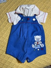 Vintage Blue White Embroidered Bear Baby Romper Outfit Short Sleeve 18 Months