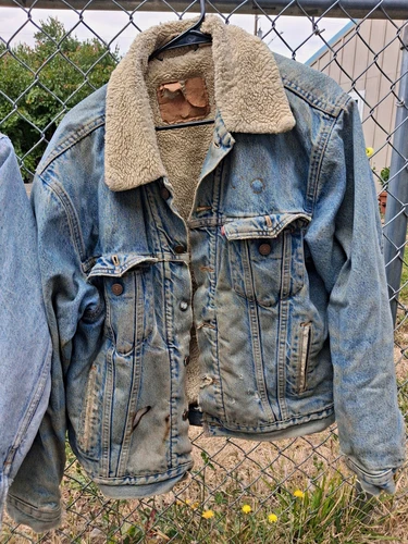 Vintage Denim Jacket Sherpa Size M/L Burnout Hesher Punk Jacket. Amazing Patina - product listing photo