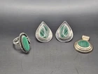 Vintage Malachite Sterling Silver 925 Earrings Ring Pendant Set Size 7