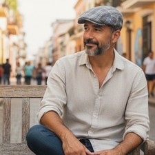 Alfonso D'Este Mens Plaid Grey Blue Linen Blend Ivy Hat Made in Italy NWT Med