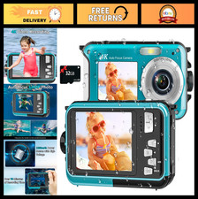 4K Waterproof Underwater Camera, 16FT Depth, 64MP Dual-Screen, Snorkeling, 32GB