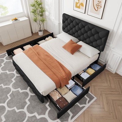 Queen Size Bed Frame with 4 Storage Drawers and Adjustable Headboard Linen Up...