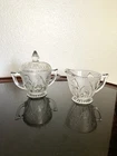 Vintage Jeanette Depression Glass IRIS and HERRINGBONE Creamer & Sugar Set