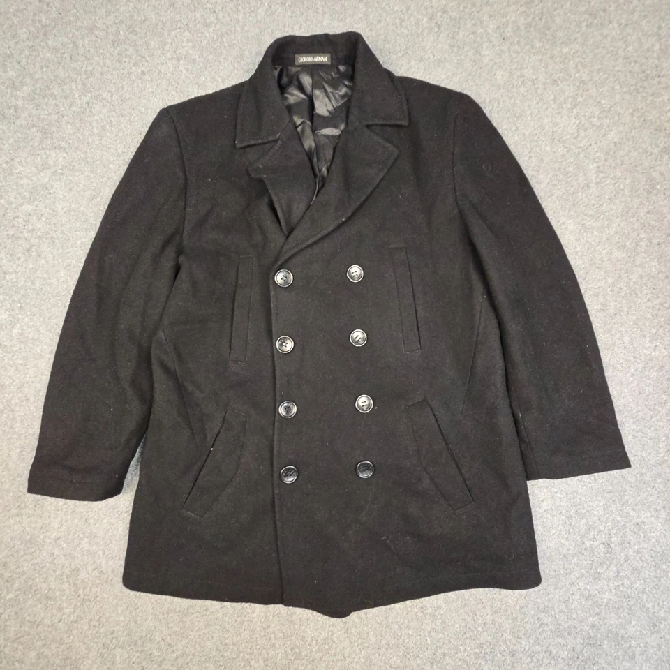 Giorgio Armani Pea Coat mens XLARGE Black Wool Long Sleeve Winter jacket Size XL - Image 2 of 4