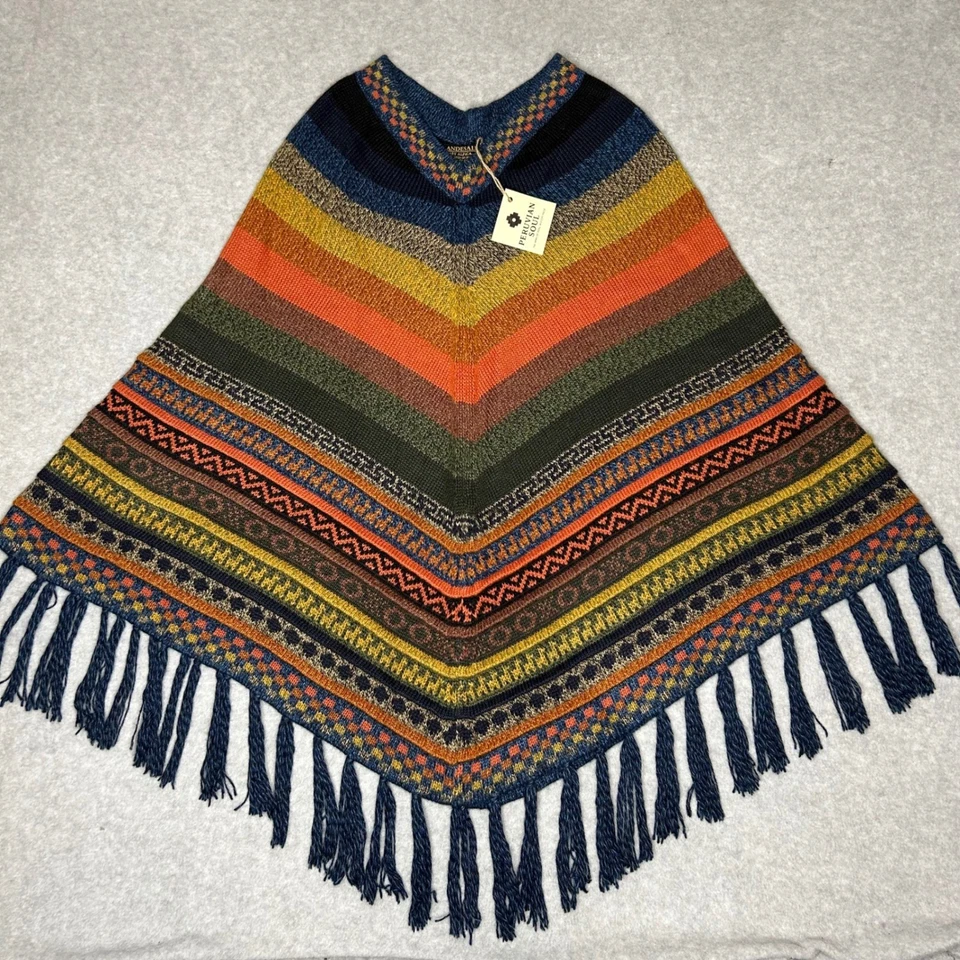 Peruvian Soul Baby Alpaca Poncho Colorful Striped Fringe Boho Southwest Festival - Image 3 of 4