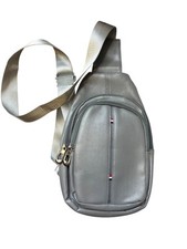 Gray Faux Leather Crossbody Sling Bag Adjustable Strap Multiple Zipper Compartme