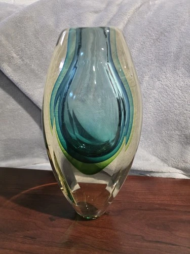 Large 10"- 7 lbs Murano Art Glass Sommerso Vase Mid Century Modern Green Blue