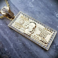 Large Hundred Dollar Bill Benjamin Money CZ Pendant 4mm 24" Rope Chain Necklace