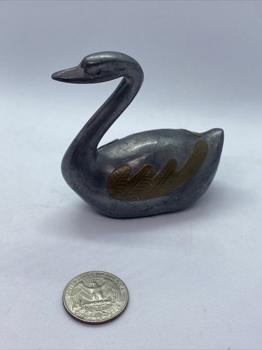 Vintage Heavy Pewter Swan w/ Brass Wings Figurine Statue - Duck Decoy - Small - Picture 4 of 5