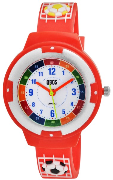 Qbos Kinder Uhr Armbanduhr Lehrnuhr Fussball Analog Quarzuhr Rot Silikonarmband-image