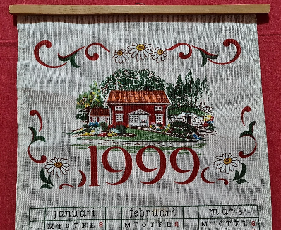 VINTAGE AUTHENTIC 1999 LANDSCAPE WHITE BROWN LINEN CALENDAR WALL TAPESTRY - Image 2 of 3