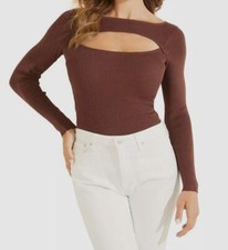 Guess Women's Brown Liv Cut-Out Ribbed Bodysuit Size M